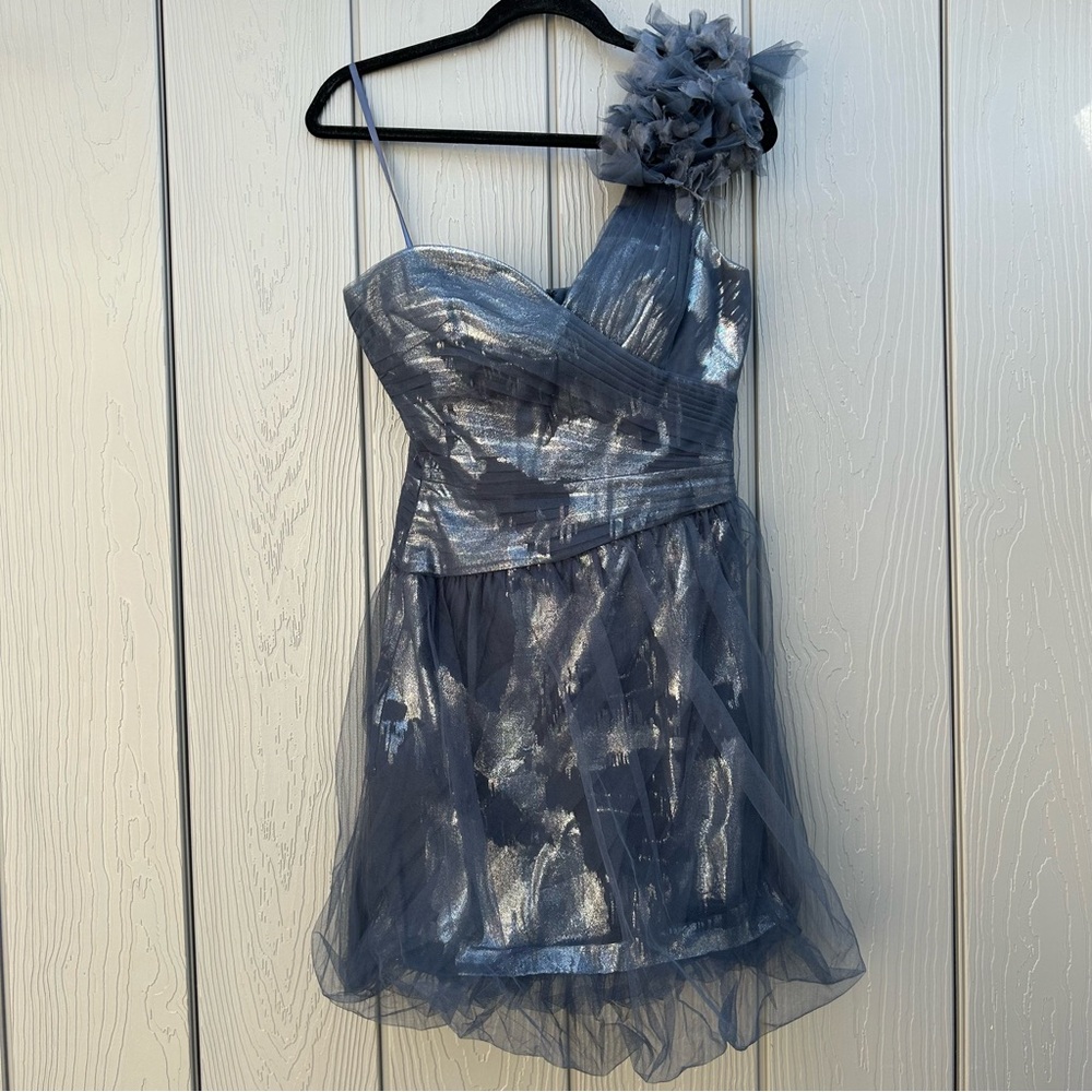 BCBGMAXAZRIA One Shoulder Silk Mini Dress Ruffled Detail Metallic Finish Small